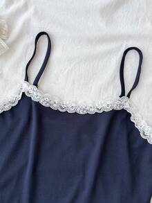 SHEIN 少女休闲简约海军蓝针织撞色蕾丝边吊带背心套装 - 寶藍色 - 查看 3