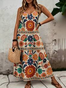 EMERY ROSE Vestido de tirantes con estampado floral para mujer talla grande, vestido casual y cómodo para vacaciones - Multicolor - Ver 5