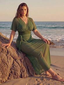 Swim Oasis Plus Size Women's Solid Color V-Neck One-Piece Swimsuit And Skirt Set, Suitable For Beach Vacation, Pool Party, Beach Party - Army Green - View 4
