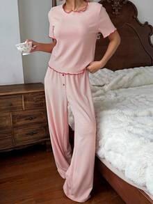 Livesso Women's Fashion Striped Top And Contrast Button Long Pants Pajama Set - Red - View 7