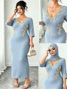 Elenzga Đầm đen ôm dáng thanh lịch tối giản cổ chữ V dành cho nữ cỡ lớn, điểm xuyết hoa vàng, phù hợp cho mặc hàng ngày, hẹn hò, dự tiệc và tiệc chiêu đãi. - Màu xanh bụi bặm - Xem 1