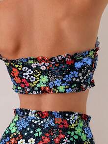 Swim Mod Conjunto de traje de baño con volantes de 2 piezas con estampado floral diminuto, de gran para la playa y el verano - Negro - Ver 5