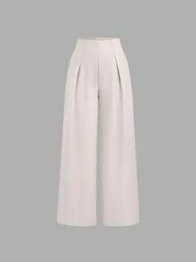 SHEIN PETITE Quần ống rộng tối giản dành cho nữ, thích hợp mặc hàng ngày đi làm. - Màu be - Xem 1