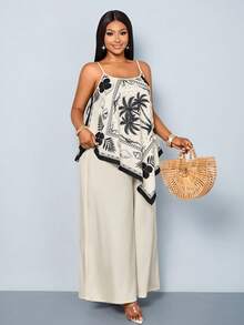 SOLERSUN Plus Size Women's Summer Boho Filipiniana Black And White Vacation Jumpsuit, Sleeveless V-Neck Wide Leg Pants, Tropical Coconut Tree Print - Apricot - View 5