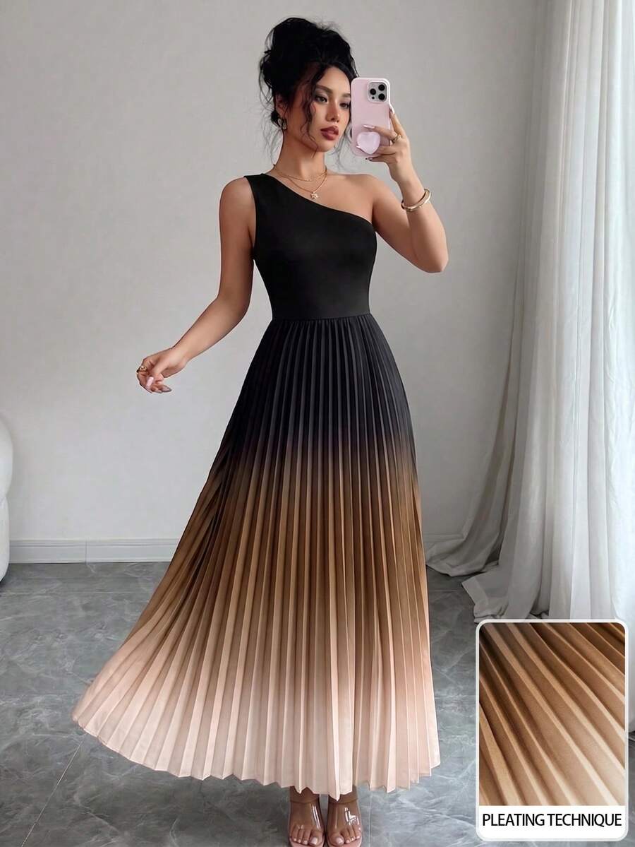 Modelyn Vestido de mujer de moda con diseño de manga asimétrica en degradado, vestido plisado y acampanado para fiesta y vacaciones - Negro - Ver 1