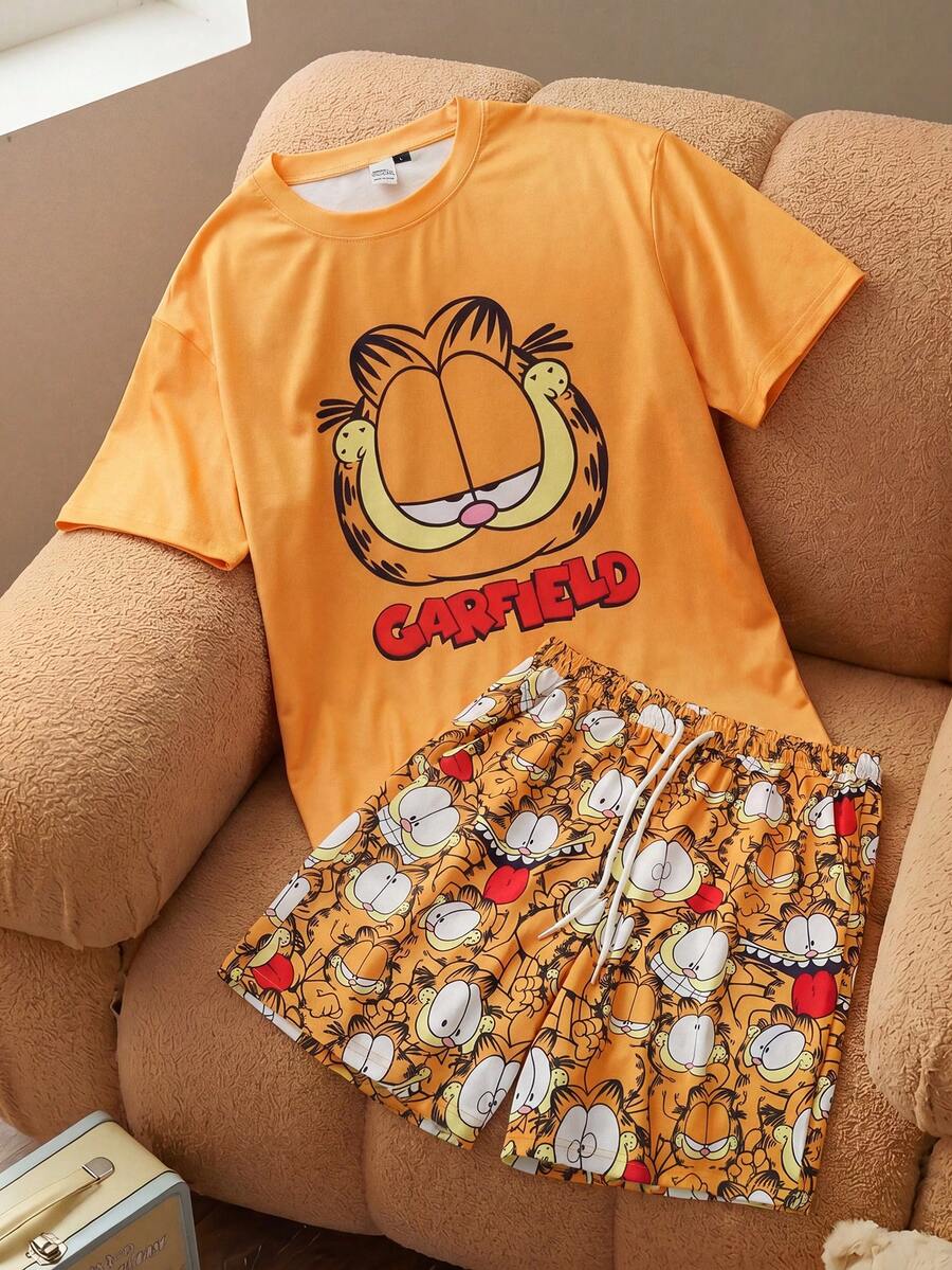 GARFIELD | SHEIN Herren Casual Süß Rundhals Kurzarm Top und Shorts mit Kordelzug Taille und Tasche Pyjama Set - Gelb - Übersicht 1