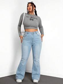 SHEIN ICON 大码女式高腰口袋休闲百搭喇叭裤 - 霧霾藍 - 查看 5