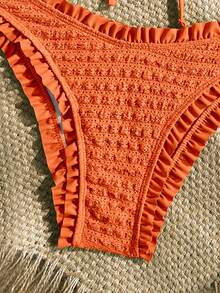 SHEIN WYWH Women's Summer Sexy Beach Vacation Solid Color Textured Fabric Ruffle Trim Front Tie Split Bikini Set Bathing Suit - Multicolor - View 6