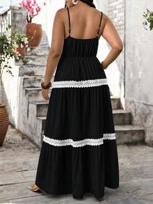 Tall Vestido sin mangas con cuello en V para mujer talla grande, versátil y de moda con ribete de encaje, de alta calidad y estilizador, adecuado para primavera/verano, uso casual y vacaciones - Negro - Ver 2