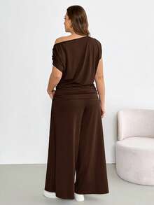 Shapeblank Bộ đồ nữ cỡ lớn mùa xuân/hè thời trang, thoải mái, co giãn, gồm áo tay ngắn trễ vai và quần ống rộng màu nâu, thích hợp mặc hàng ngày, quần áo mùa hè, bộ quần áo, trang phục sân bay, kiểu dáng đơn giản, trang phục đi nghỉ mát, bộ quần áo. - màu nâu - Xem 2