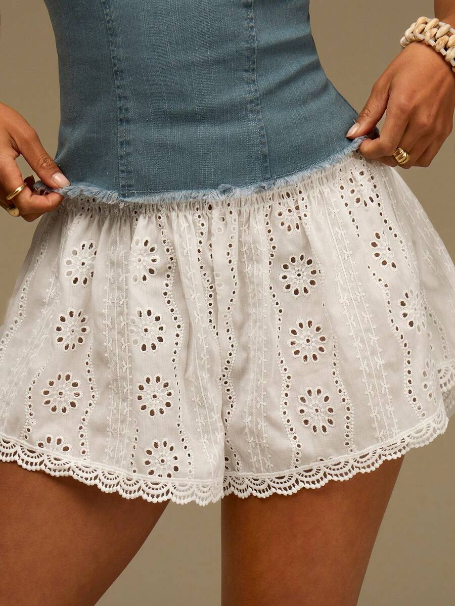 Athîral Women's Casual Vacation Embroidered White Wide Leg Shorts - White - View 1
