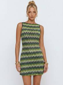 Avantive Women's Summer Beach Vacation Colorblock Zigzag Print Sleeveless Fitted Mini Dress - Multicolor - View 6