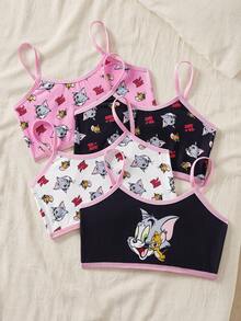TOM & JERRY X SHEIN 女童舒适柔软卡通图案滚边吊带衫 - 黑與白 - 查看 1