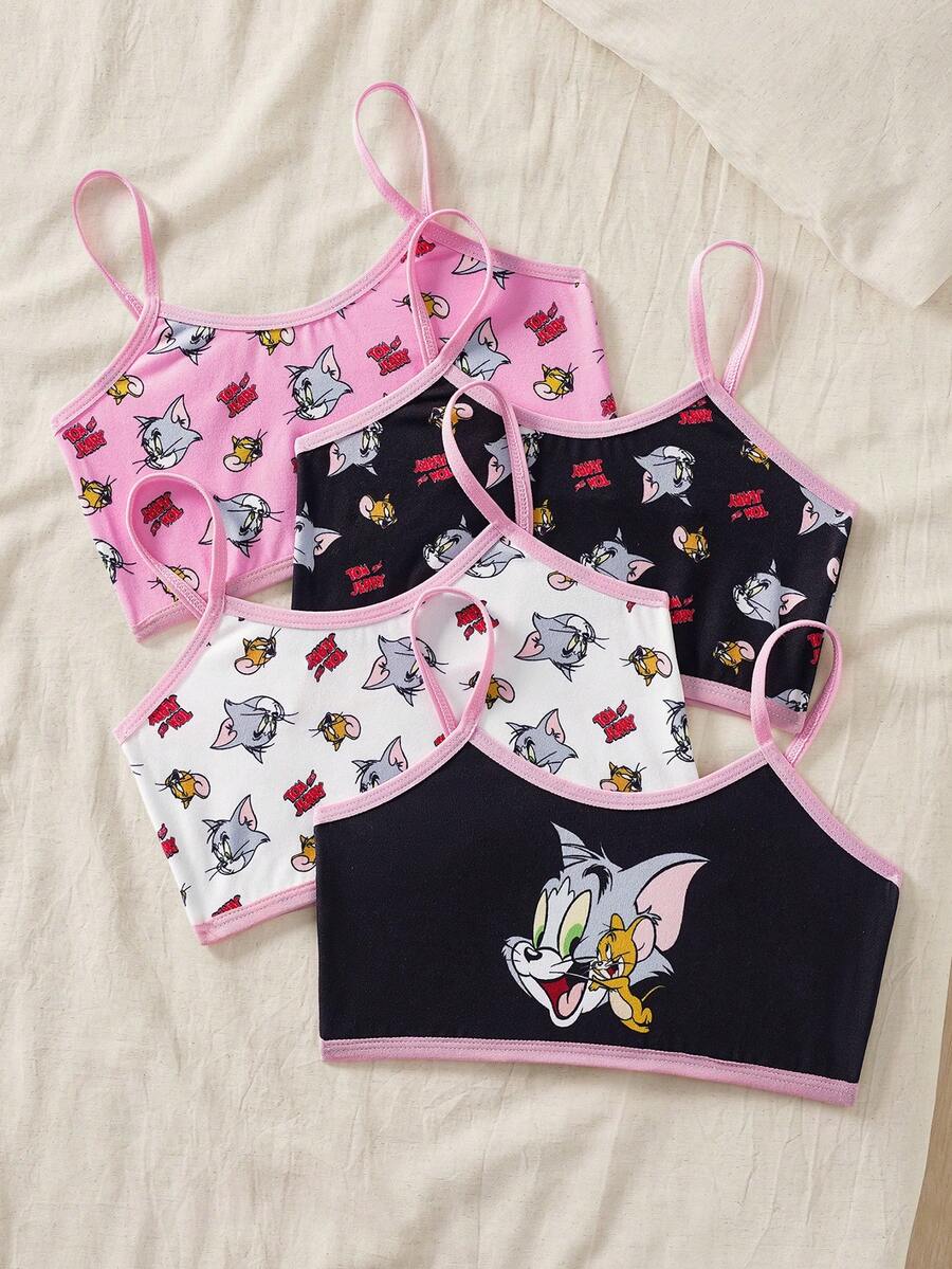 TOM & JERRY X SHEIN 女童舒适柔软卡通图案滚边吊带衫 - 黑與白 - 查看 1