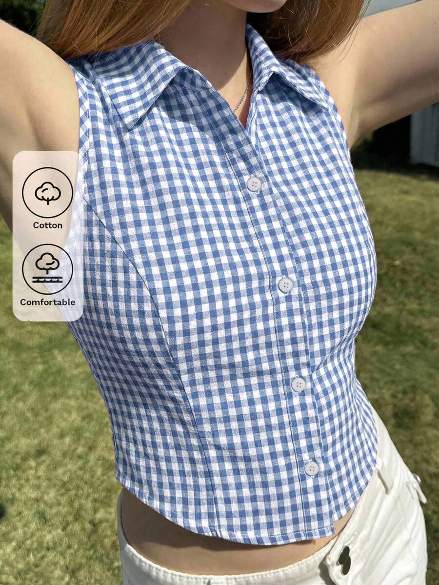 SHEIN EZwear 女士夏季休闲甜美睡衣,Y2K度假风蓝白格子无袖修身短衬衫,蓝色上衣 - 藍色 - 查看 1