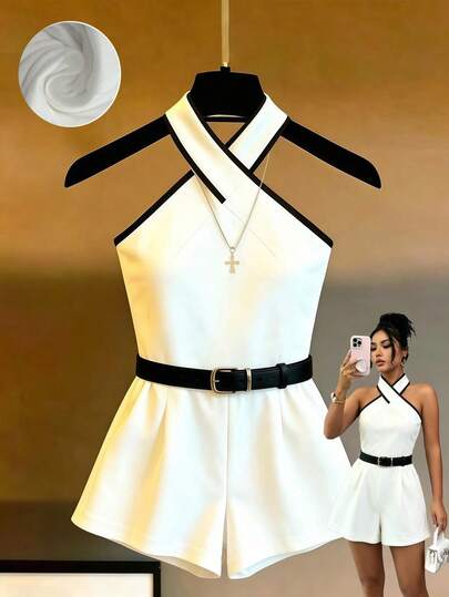 GlowEve Women's Casual Neck-Tie Color Block Romper For Daily Wear