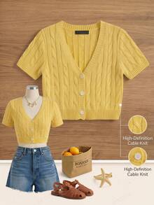 SHEIN EZwear Áo khoác cardigan ngắn tay, cài một hàng cúc, dáng lửng dành cho nữ - Màu vàng - Xem 2
