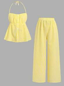 SHEIN Bộ đồ 2 món cho bé gái tuổi teen: Áo hai dây in hình quả anh đào kẻ caro và quần ống đứng, thích hợp cho kỳ nghỉ lễ. - Màu xanh lam - Xem 9