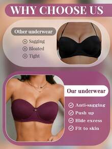 DesireSculpt Women's Romantic Solid Color Rhinestone Bow Decor Strapless Bra With Underwire - Purple - View 4
