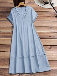 Rusticease Plus Size Women's Light Blue Summer Boho Beach Holiday Casual V-Neck Contrast Lace Loose Short Sleeve Solid Color Flowy Midi Dress,Spring Break Outfit - Baby Blue - View 2