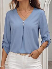 Miaspire Camisa de manga larga con cuello en V azul, elegante y de estilo para ir al trabajo - Azul - Ver 1