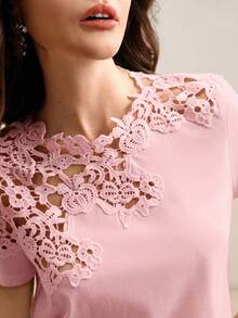 Anewsta Pink T-Shirt With Lace Embroidery Patchwork Hollow-Out Design, Unique Aesthetic Short Sleeve Top, Suitable For Valentine's Day, Summer Beach, New Year - Pink - View 6