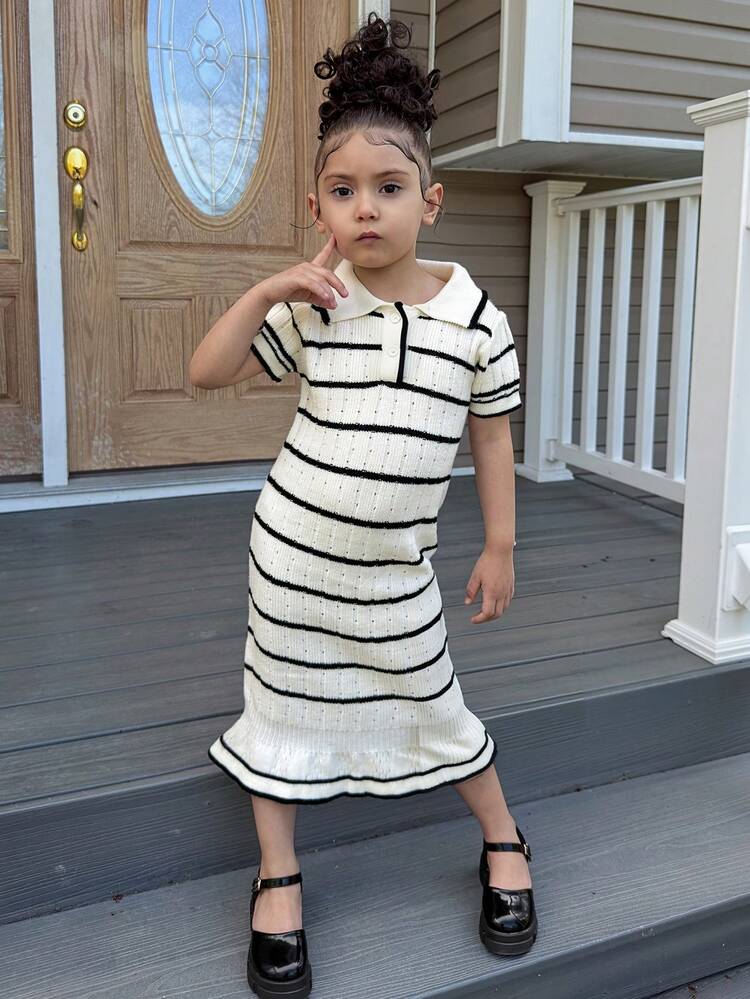 Girls Collared Striped Snug Fit Long Sleeve Sweater Dress (Small)