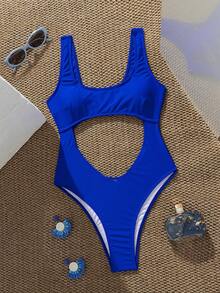 Swim SXY 女士纯色镂空连体泳衣，适合夏季海滩穿着 - 寶藍色 - 查看 3