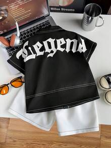 SHEIN Little Byeori Bộ 2 món đồ mùa hè cho bé trai, kiểu dáng thường ngày, dễ thương, đa năng, in chữ, gồm áo sơ mi ngắn tay màu đen và quần short trắng. - màu đen - Xem 3