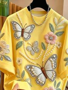 Franclia Plus Size Women Versatile Butterfly & Flower Short Sleeve Casual T-Shirt - Yellow - View 5
