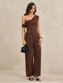 SHEIN Tall Mono elegante de mujer en tonos albaricoque y marrón, mono de verano para fiesta con escote asimétrico, drapeado, sin tirantes, de pierna ancha, sin mangas, para vacaciones, para mujeres altas - Marrón - Ver 6