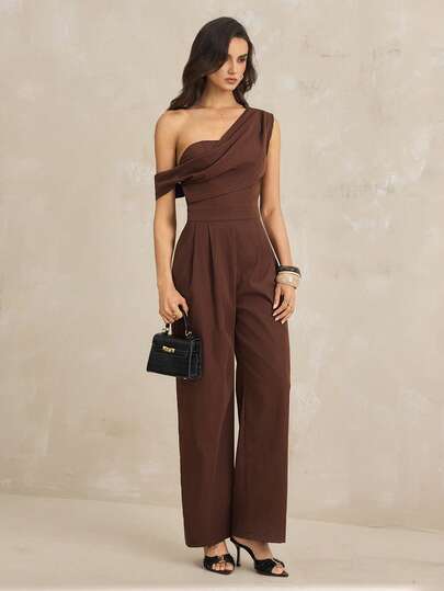SHEIN Tall Women's Elegant Apricot Jumpsuit, Modest Asymmetric Neckline Draped Strapless Jumpsuit, Wide Leg Romper, Comfortable Sleeveless Jumpsuit, Suitable For Spring/Summer/Autumn/Winter, Beach Outfits, Airport Outfits, Vacation Outfits, Teacher Outfits
