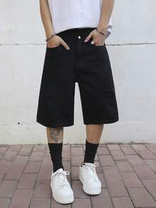 Manfinity EMRG Plus Size Men's Summer Black Casual Loose Wide Leg Denim Shorts - Black - View 4