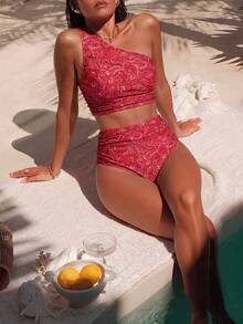 Swim Vcay Bộ 2 món gồm áo bikini hai mảnh màu đỏ tía in họa tiết Paisley và hạt điều, kiểu dáng nhún vai và quần cạp cao, đồ bơi nữ. - Nhiều màu - Xem 3