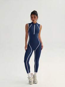 SHEIN Dewbera Quần thể thao liền thân kẻ sọc tương phản dành cho nữ - Màu xanh hải quân - Xem 5