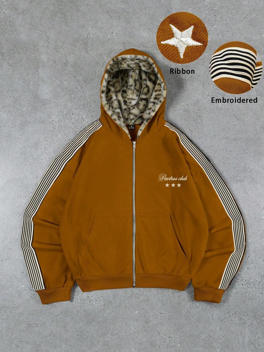 Manfinity Roghcode 男士街头服饰,复古风,连帽卫衣,针织连帽开衫,运动服,豹纹绒面面料,奢华品质,品牌标志,个性化定制,街头服饰,休闲,时尚,户外,返校季,节日礼物,男友礼物,老公礼物 - 鏽棕色 - 查看 1