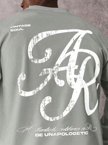 STYNVO Camiseta de manga larga con cuello redondo y gráfico de letras casual diaria para hombres, primavera - Gris - Ver 4