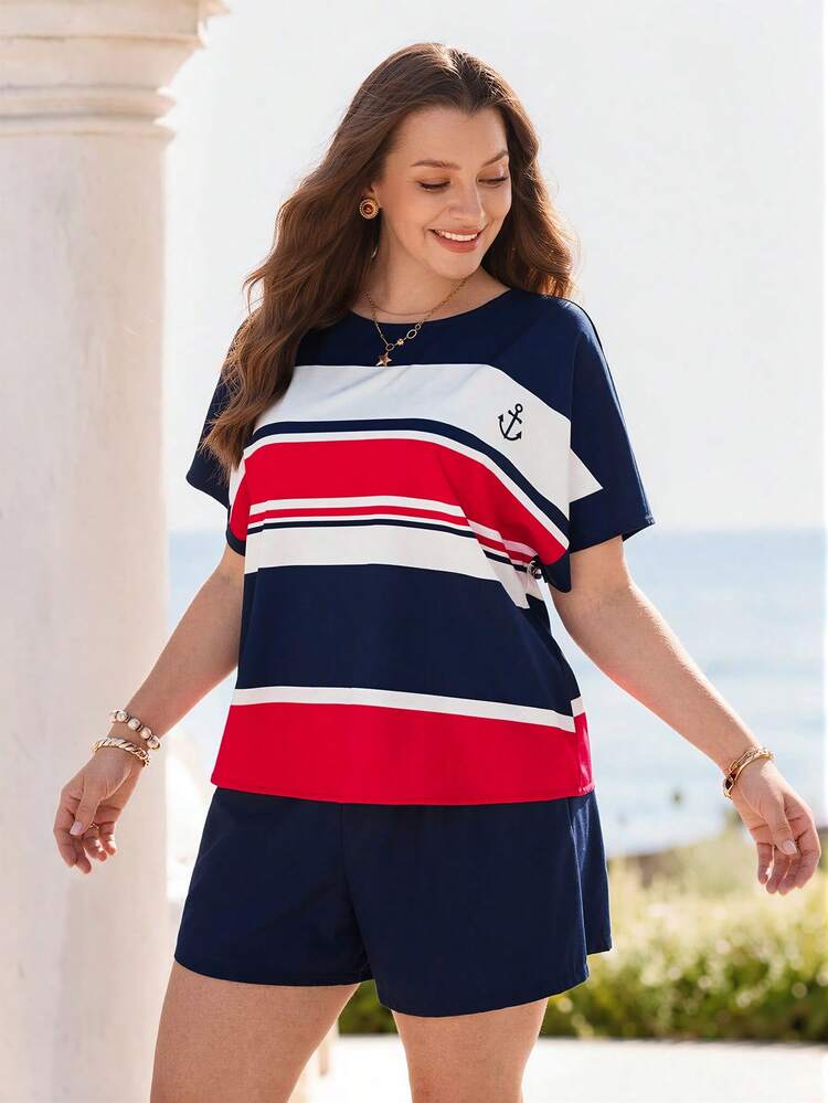 Plus Size Women Striped Batwing Sleeve Shirt And Shorts Casual Suit