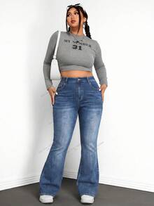 SHEIN ICON Jeans acampanados de talla grande con lavado casual y ajuste slim - Neblina azul - Ver 6