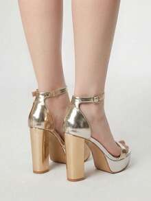 ROMWE Grunge Punk Sandalias de plataforma con tacón alto y resistentes al agua para mujer, zapatos de tacón alto elegantes y de moda para pasarela de verano - Dorado - Ver 3