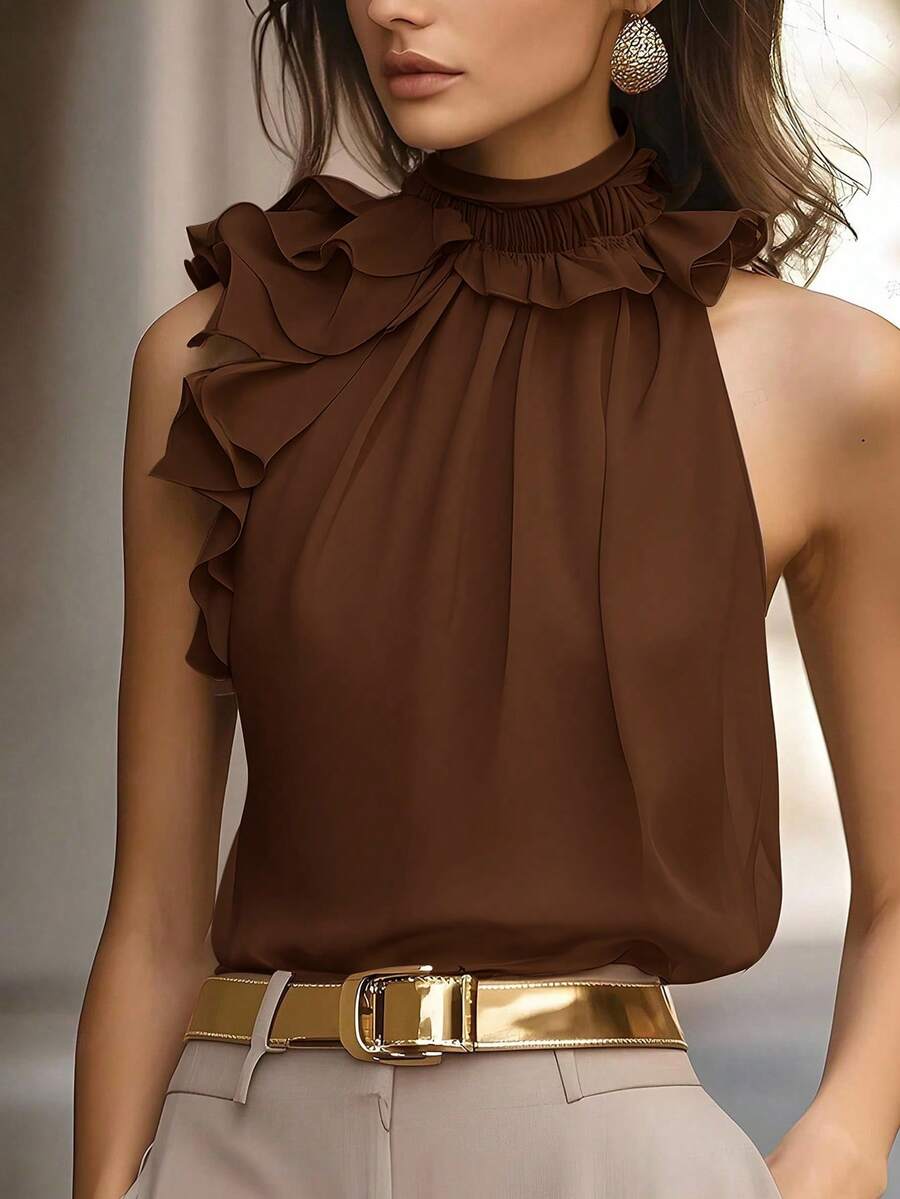 Balvessa Blus Tanpa Lengan dengan Lipatan dan Kerutan, Kemeja Wanita Warna Polos yang Elegan dan Berkelas - Coffee Brown - View 1
