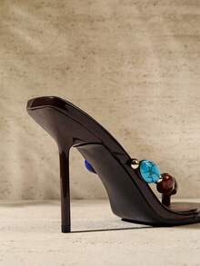 SHUZIA Women's Minimalist Square Toe Gemstone Decor Thong Strap Stiletto Heel Sandals - Coffee Brown - View 7