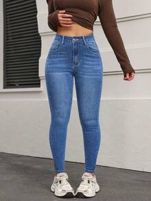 SHEIN PETITE Women's Solid Color Slant Pocket Skinny Casual Versatile Jeans ,Petite Women - Light Wash - View 4