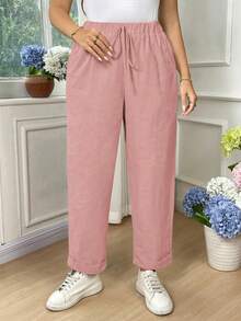EMERY ROSE Plus Size Women Solid Color Drawstring Waist Pocket Casual Versatile Daily Wear Pants Fall - Baby Pink - View 8