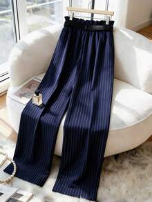 Juhart Pantalones sueltos con pliegues a rayas para mujer de talla grande, adecuados para el uso diario - Azul Marino - Ver 2