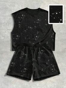 ROMWE MEN Street Life Bộ đồ nam gồm áo tank top cổ tròn đính sequin và quần short cạp chun có túi. - màu đen - Xem 1