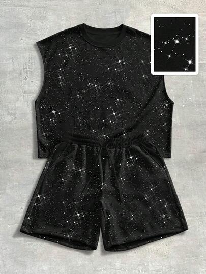 ROMWE MEN Street Life Bộ đồ nam gồm áo tank top cổ tròn đính sequin và quần short cạp chun có túi.