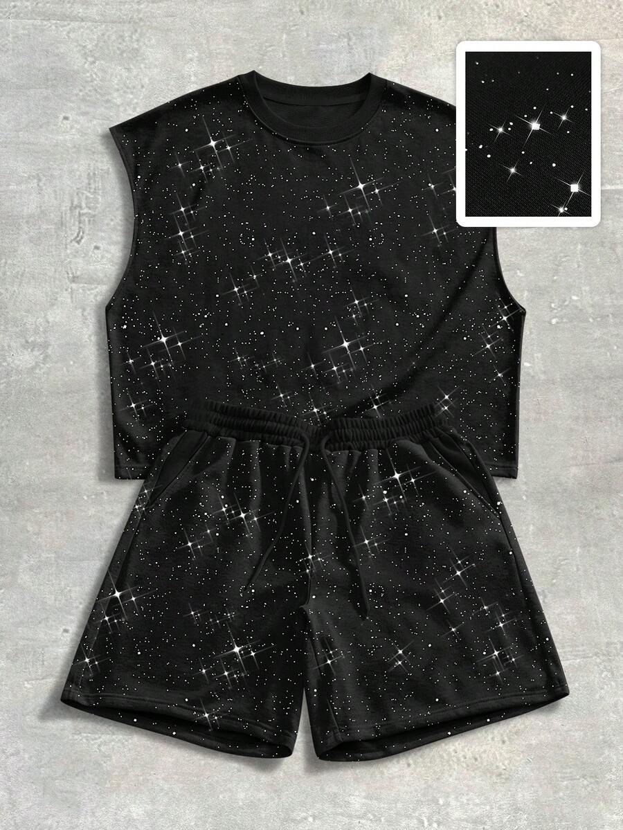 ROMWE MEN Street Life Bộ đồ nam gồm áo tank top cổ tròn đính sequin và quần short cạp chun có túi. - màu đen - Xem 1