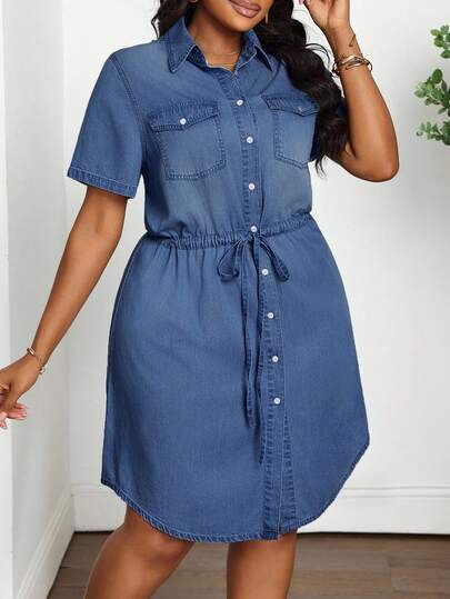 Slaydiva Plus Size Women Short Sleeve Single-Breasted Waist Tie Casual Denim Dress
