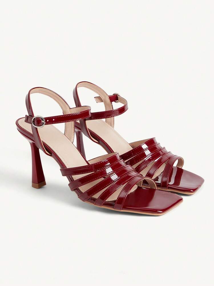 CUCCOO CHICEST Women's High-Heeled Sandals, Glossy Patent Leather Women's Sandals, Burgundy Retro Square Toe, Multi-Layer Thin Horizontal Belt Package On The Forefoot, Metal Round Buckle Adjustment Rear Strap, Thick High-Heeled Stable Model, Daily Commuting/Dating/Light Banquet Versatile Open-Toed Shoes Summer Shoes
